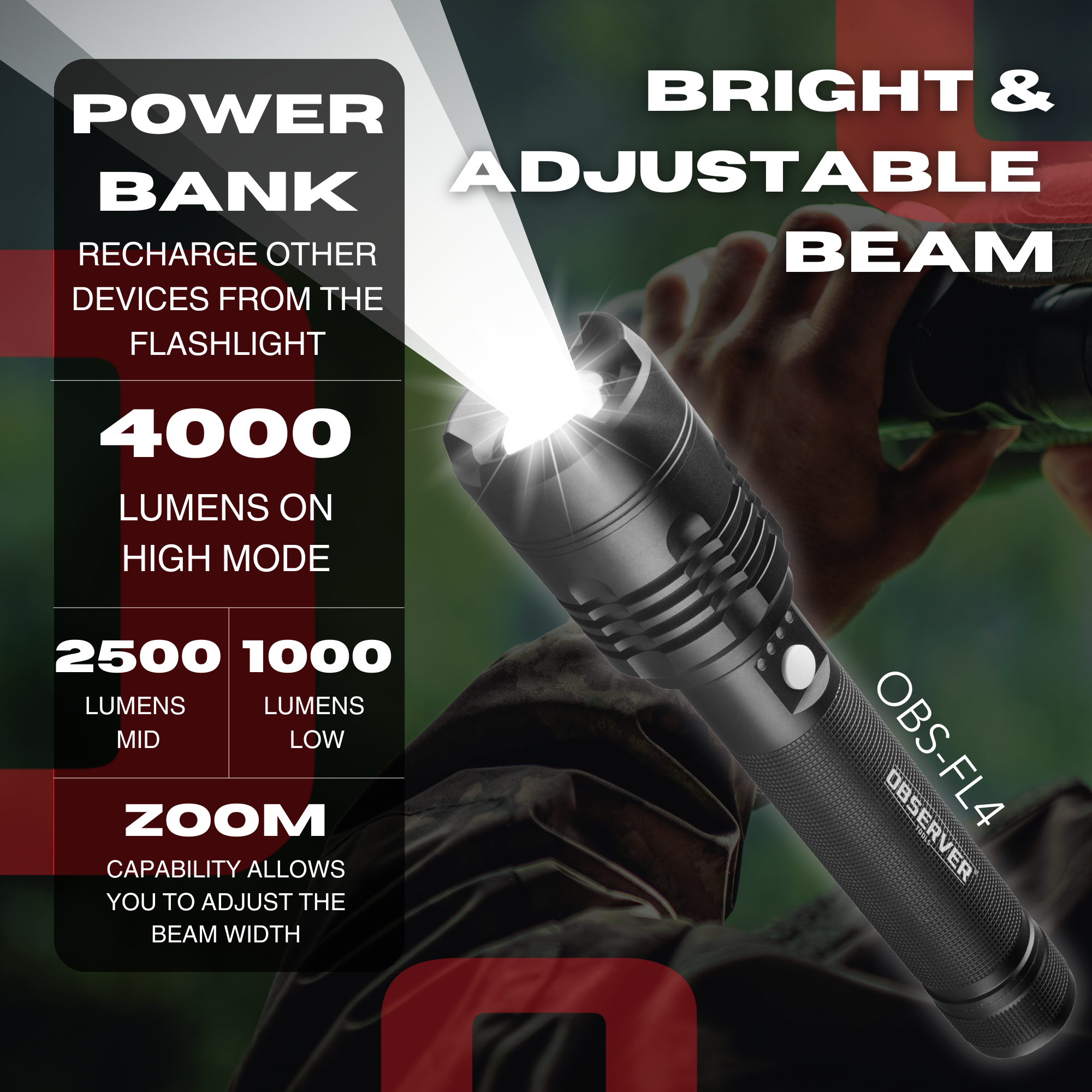 Observer Tools FL4 4000 Lumen High Power LED Rechargeable Flashlight with Phone Charger and Zoom