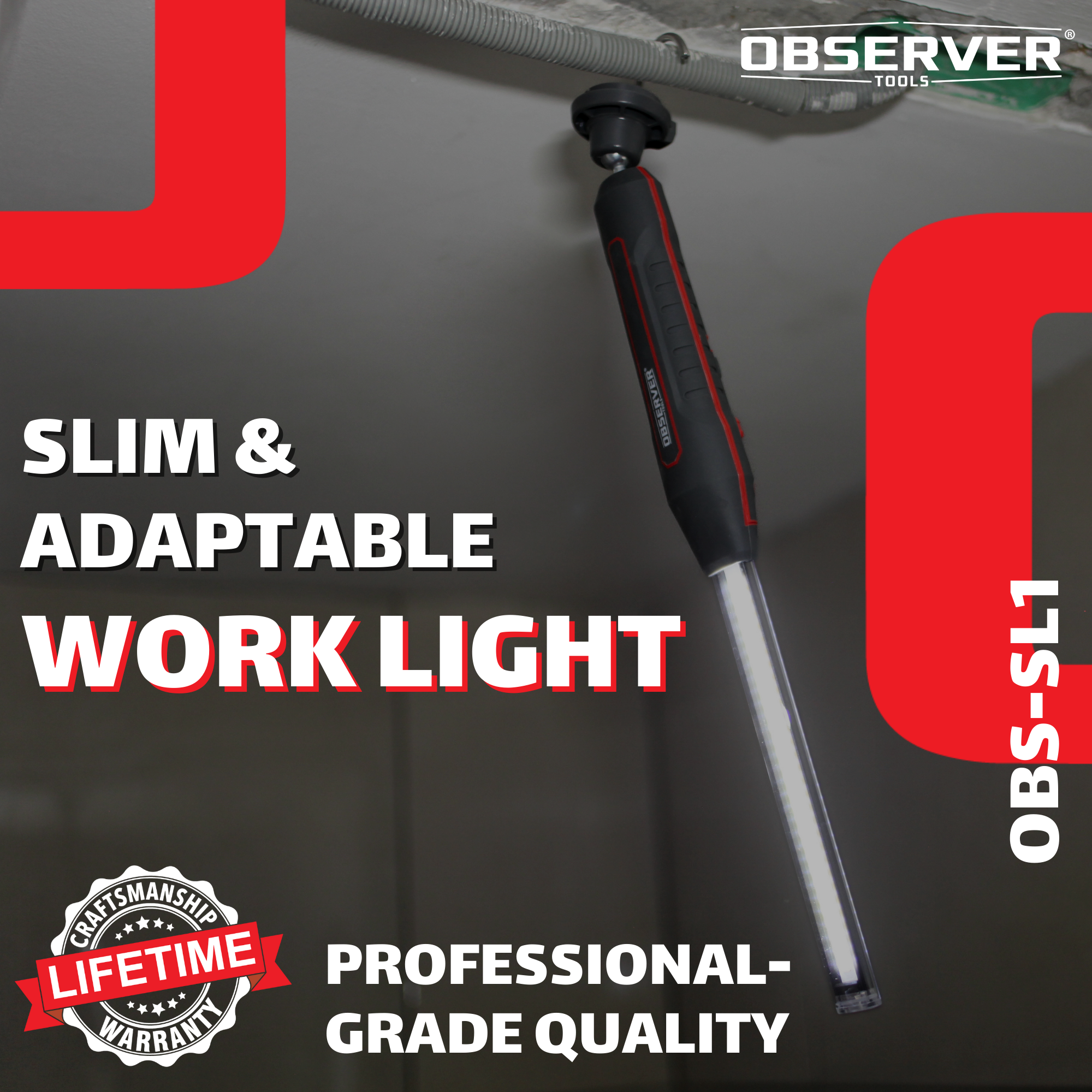 Observer Tools OBS-SL1 900 Lumen Dual-Lamp LED Rechargeable Slim Light with Stepless Dimming and Magnetic-Pivoting Base