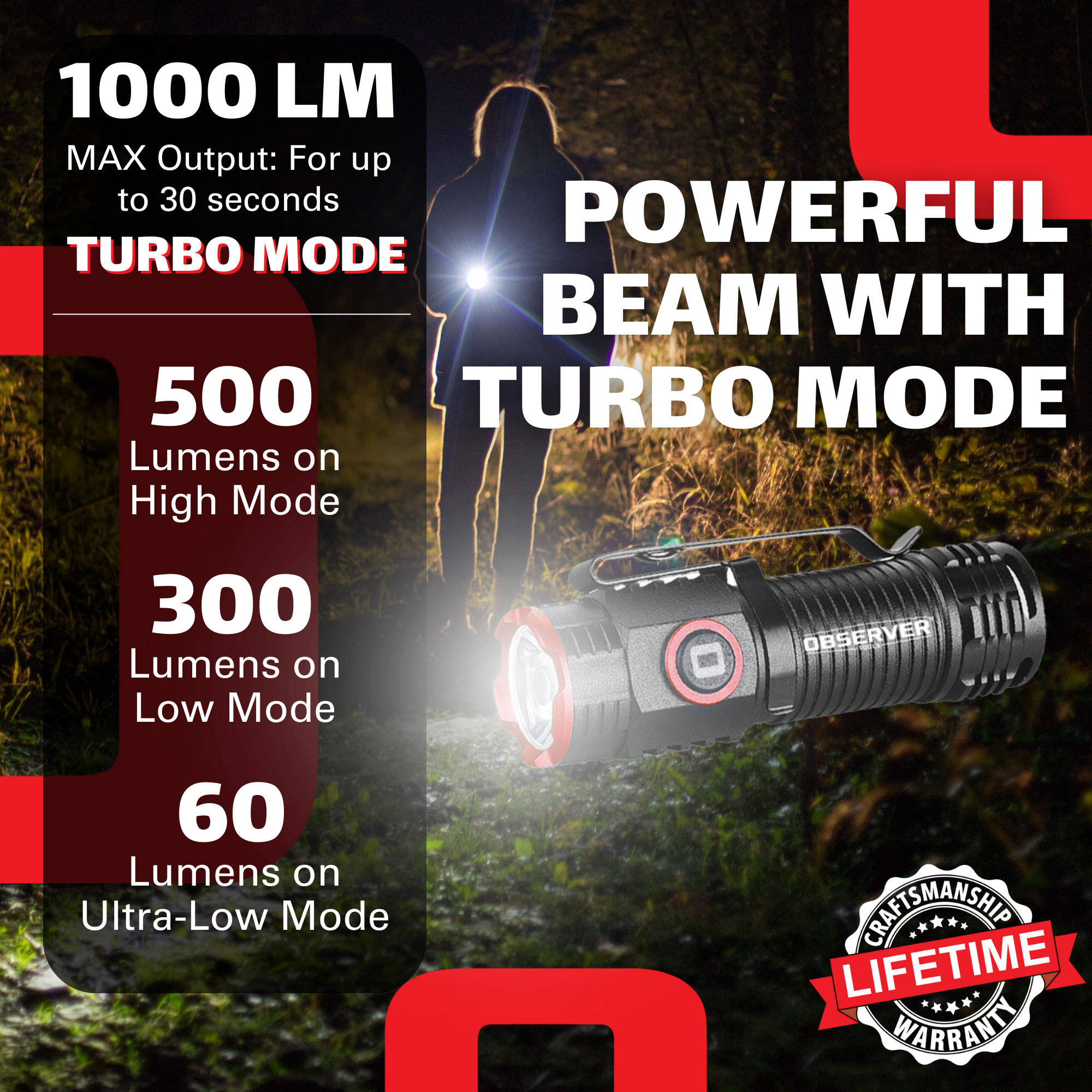 Observer Tools OBS-FL3 1000 Lumen LED Rechargeable Mini-Flashlight with Turbo Mode and Magnet
