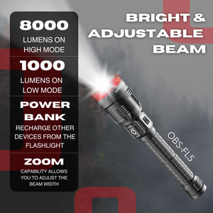 Observer Tools OBS-FL5 8000 Lumen Ultra-High Power LED Rechargeable Flashlight with Phone Charger and Zoom