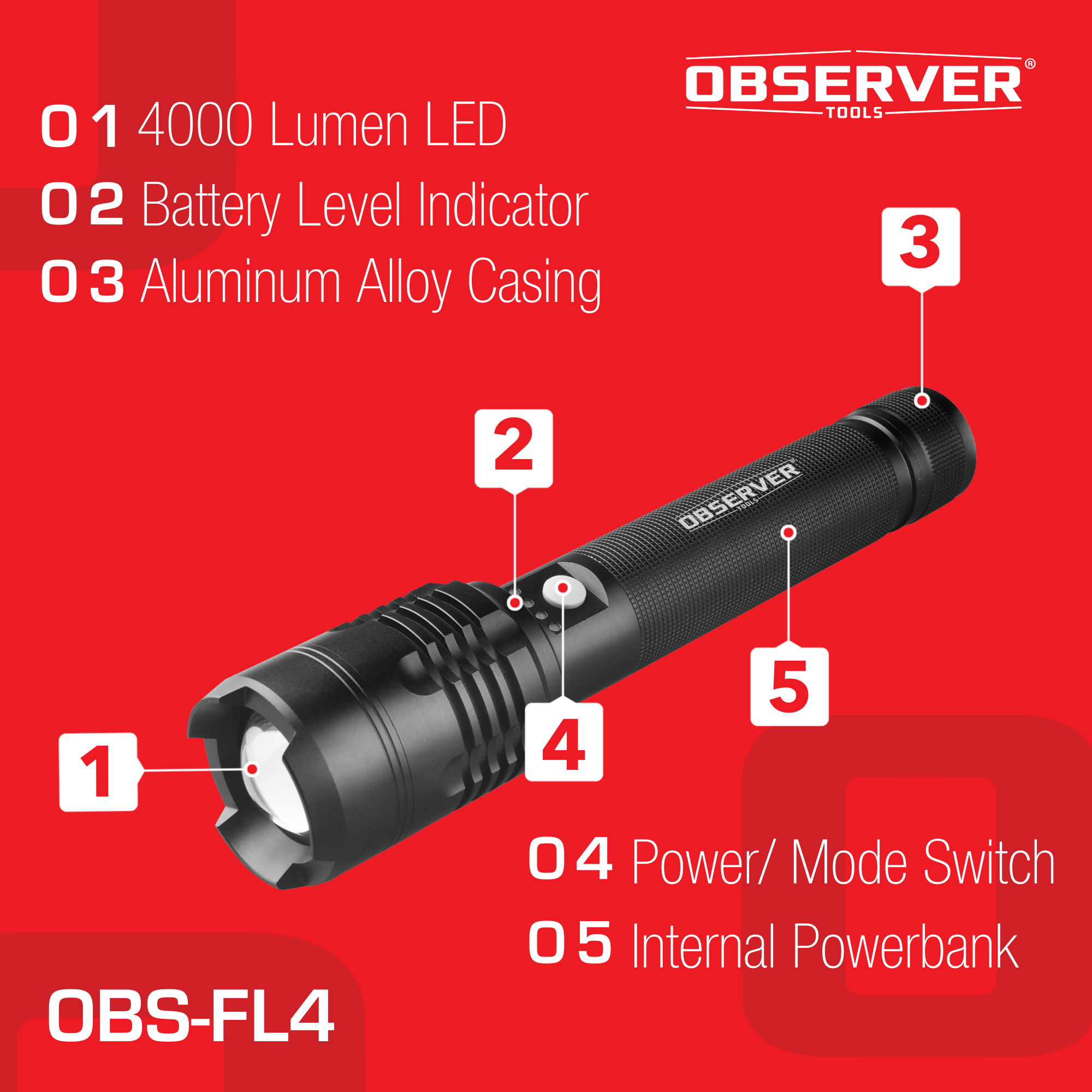 4000 Lumen High Power LED Rechargeable Flashlight with Phone Charger and Zoom