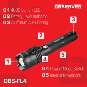 Observer Tools FL4 4000 Lumen High Power LED Rechargeable Flashlight with Phone Charger and Zoom
