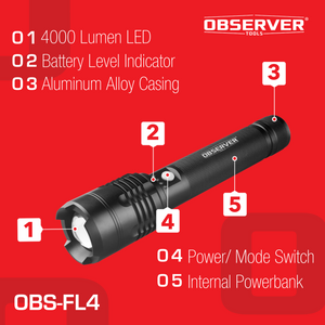 4000 Lumen High Power LED Rechargeable Flashlight with Phone Charger and Zoom