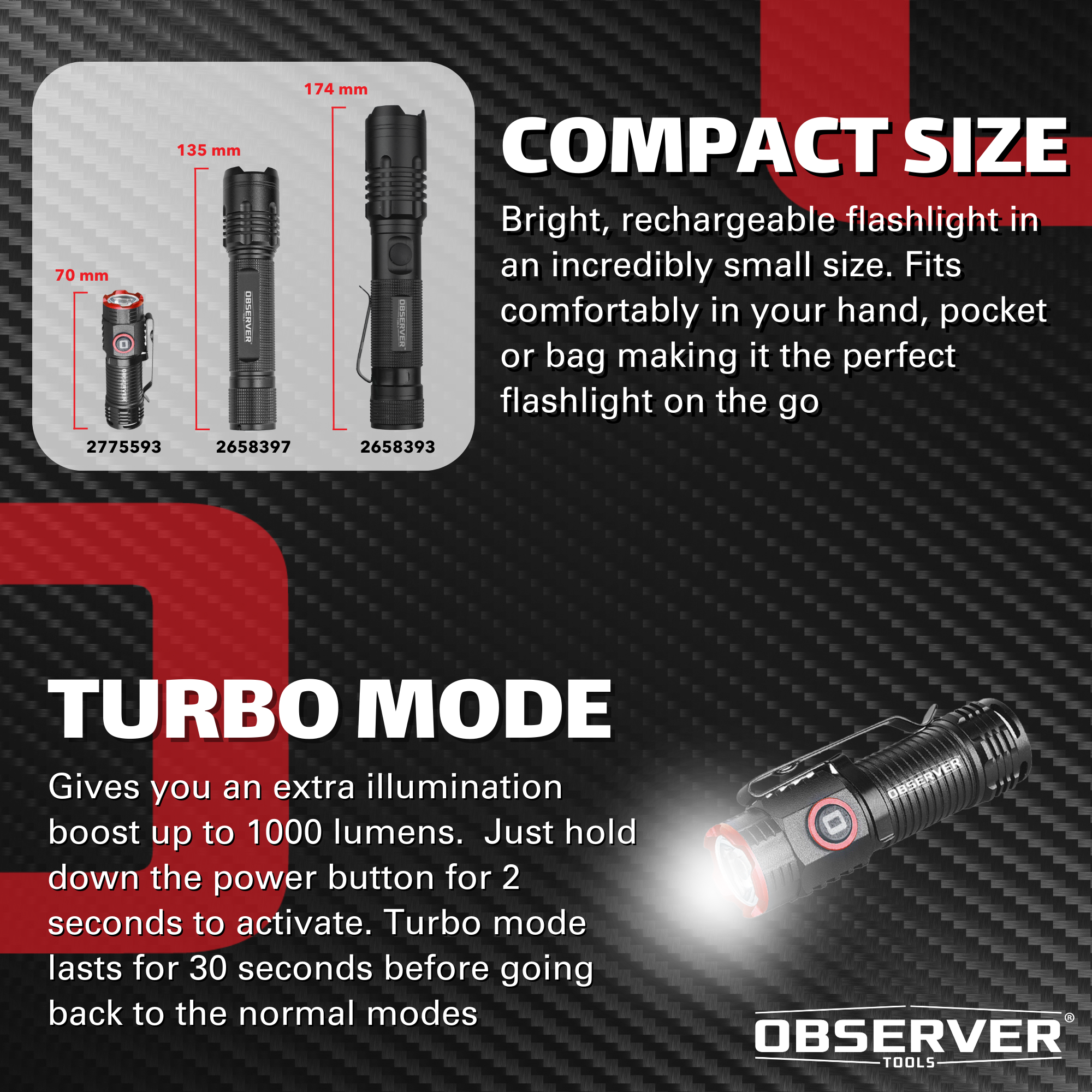 Observer Tools OBS-FL3 1000 Lumen LED Rechargeable Mini-Flashlight with Turbo Mode and Magnet