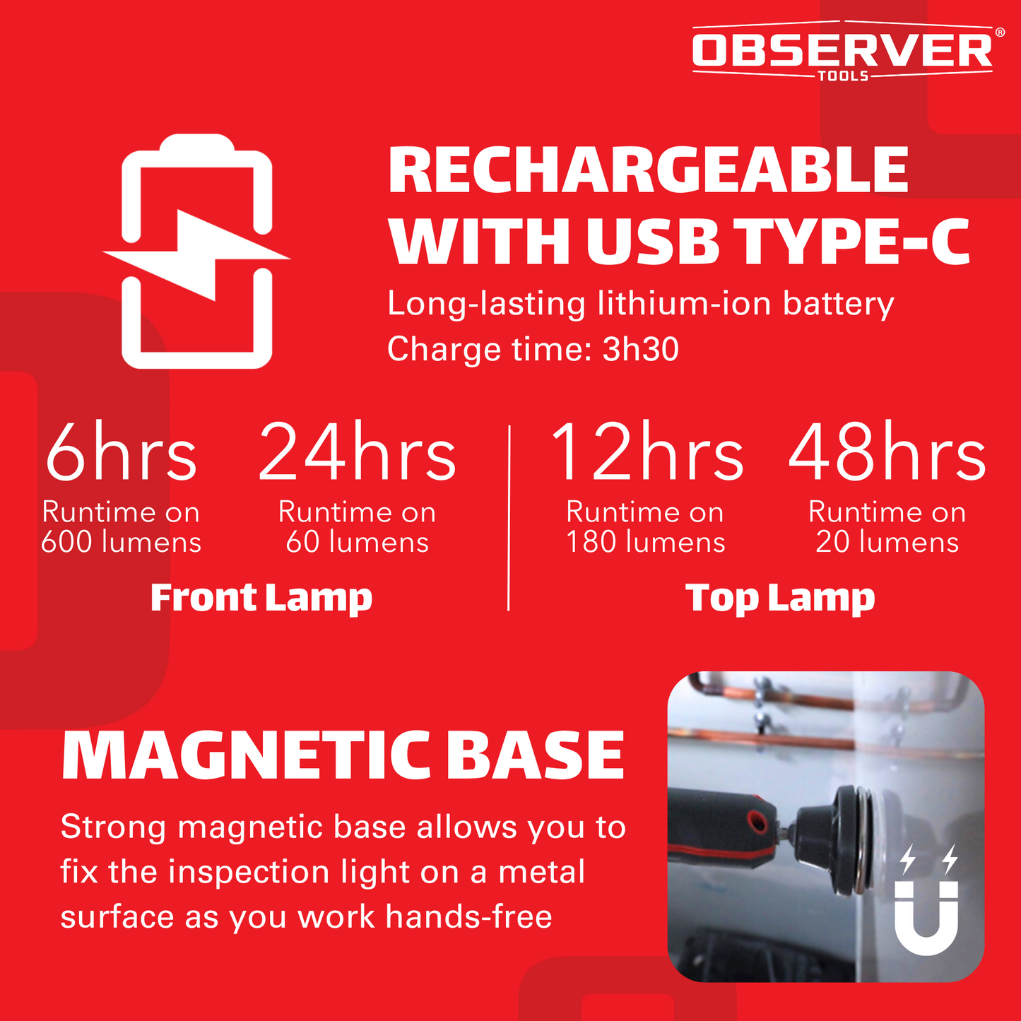 600 Lumen Dual-Lamp LED Rechargeable Slim Light with Stepless Dimming, Flexible Neck, and Magnetic-Pivoting Base