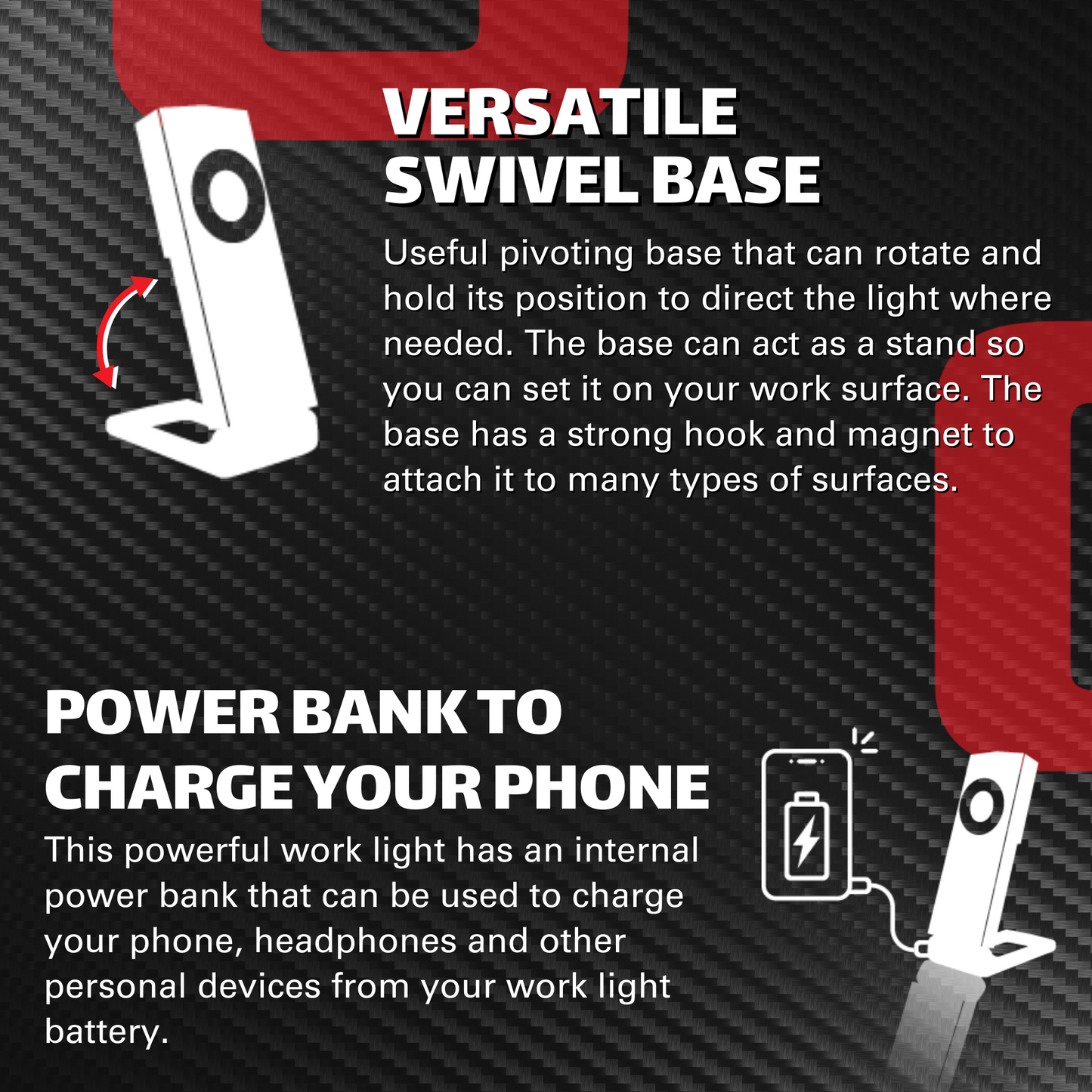 1000 Lumen Dual-Lamp LED Rechargeable Work Light with Phone Charger, Hands-Free Mounting, and Dimming