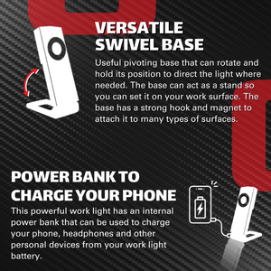 Observer Tools OBS-WL1 1000 Lumen Dual-Lamp LED Rechargeable Work Light with Phone Charger, Hands-Free Mounting, and Dimming