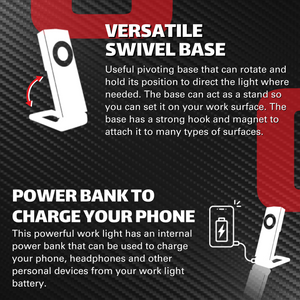 1000 Lumen Dual-Lamp LED Rechargeable Work Light with Phone Charger, Versatile Mounting and Dimming
