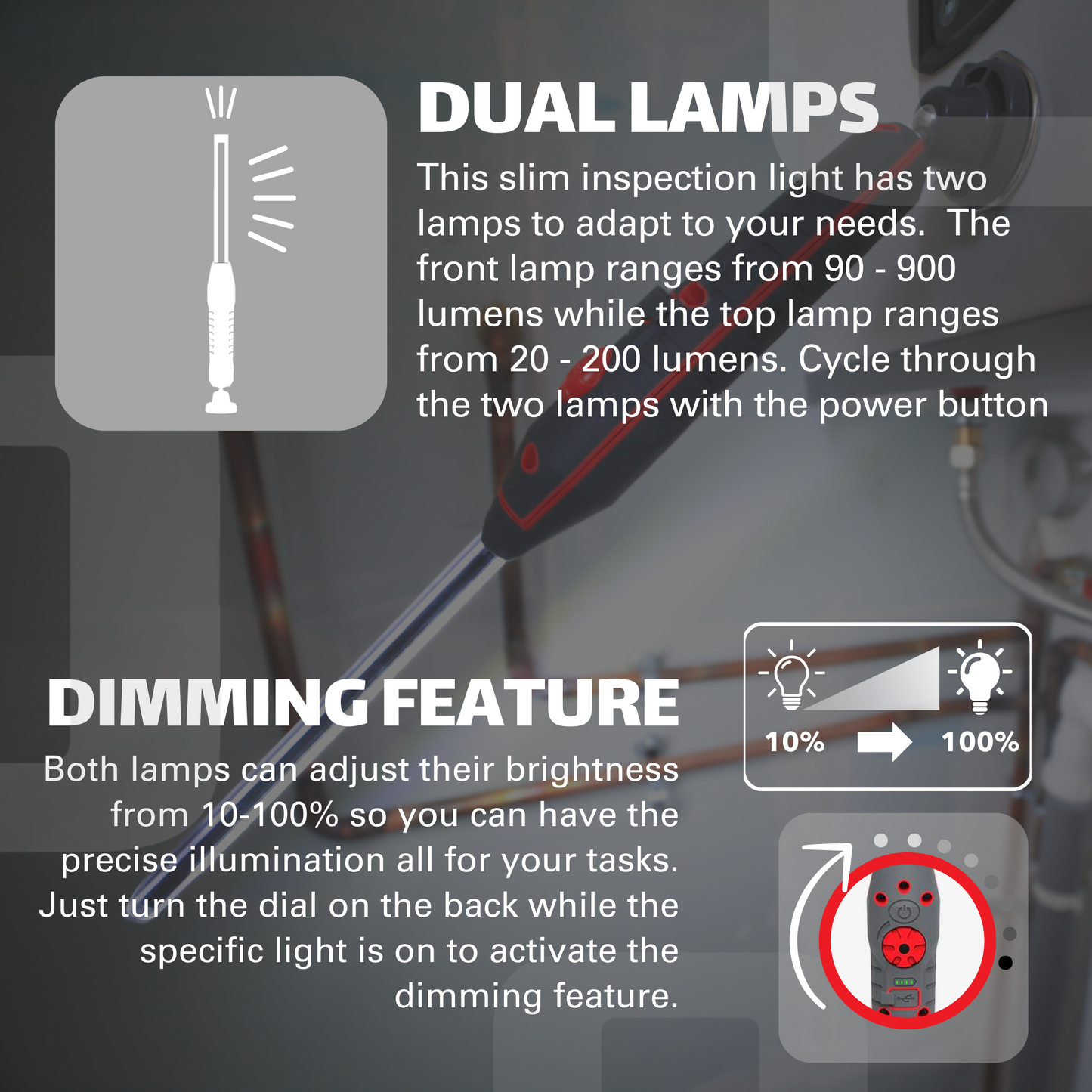 900 Lumen Dual-Lamp LED Rechargeable Slim Light with Stepless Dimming and Magnetic-Pivoting Base