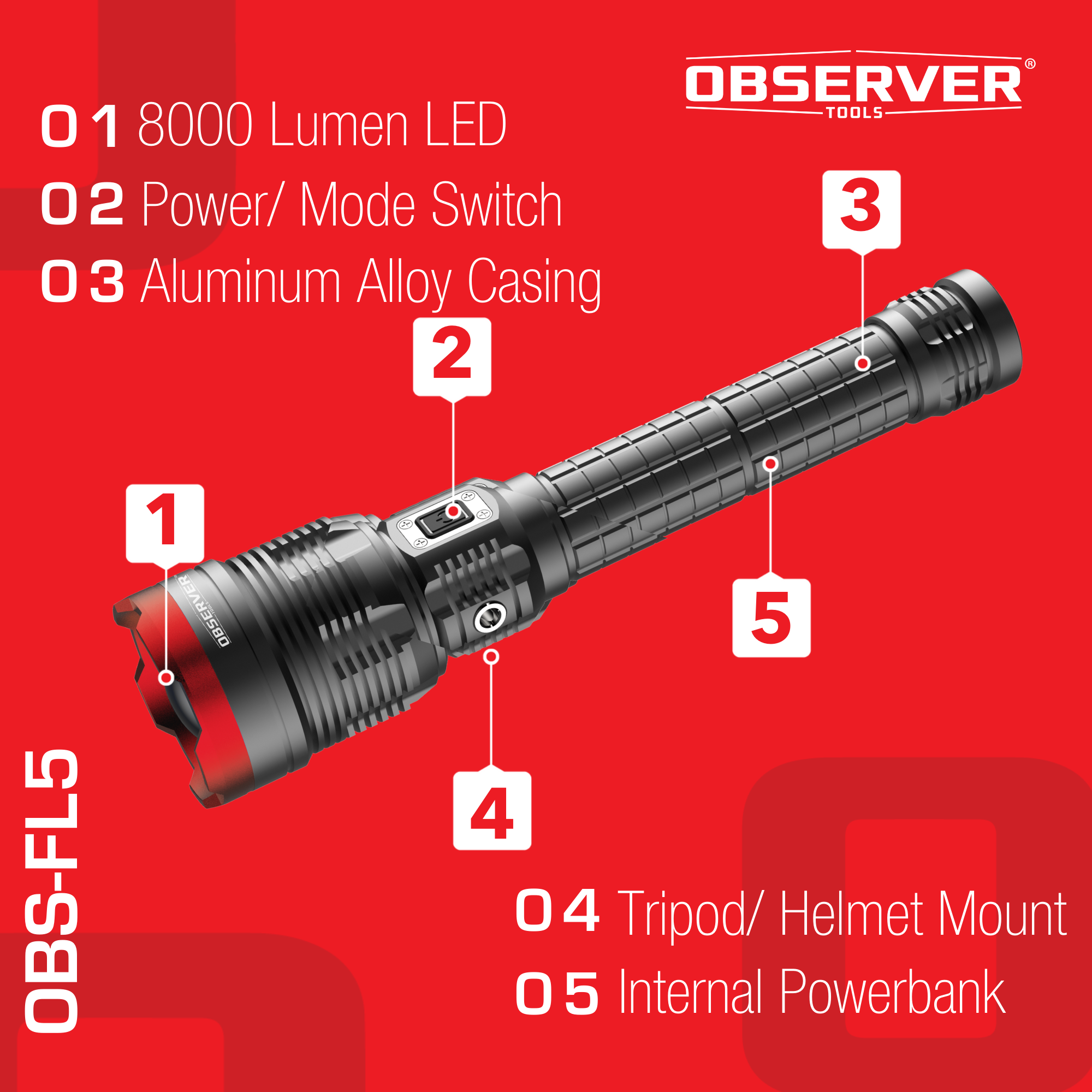 8000 Lumen Ultra-High Power LED Rechargeable Flashlight with Phone Charger and Zoom