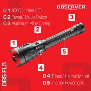 Observer Tools OBS-FL5 8000 Lumen Ultra-High Power LED Rechargeable Flashlight with Phone Charger and Zoom
