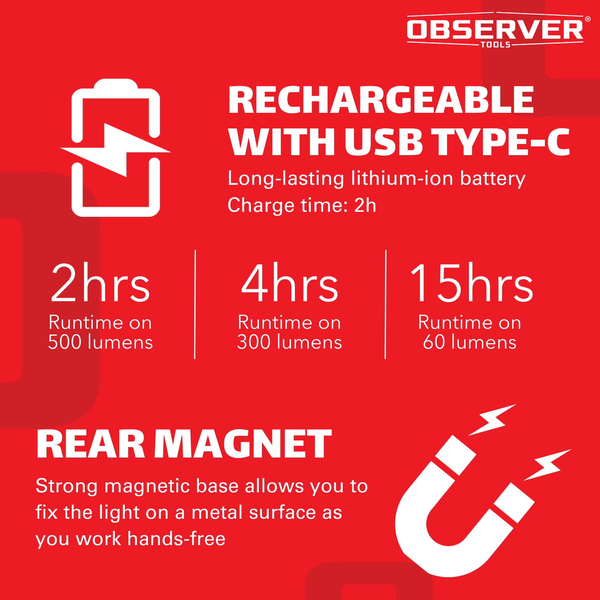 Observer Tools OBS-FL3 1000 Lumen LED Rechargeable Mini-Flashlight with Turbo Mode and Magnet