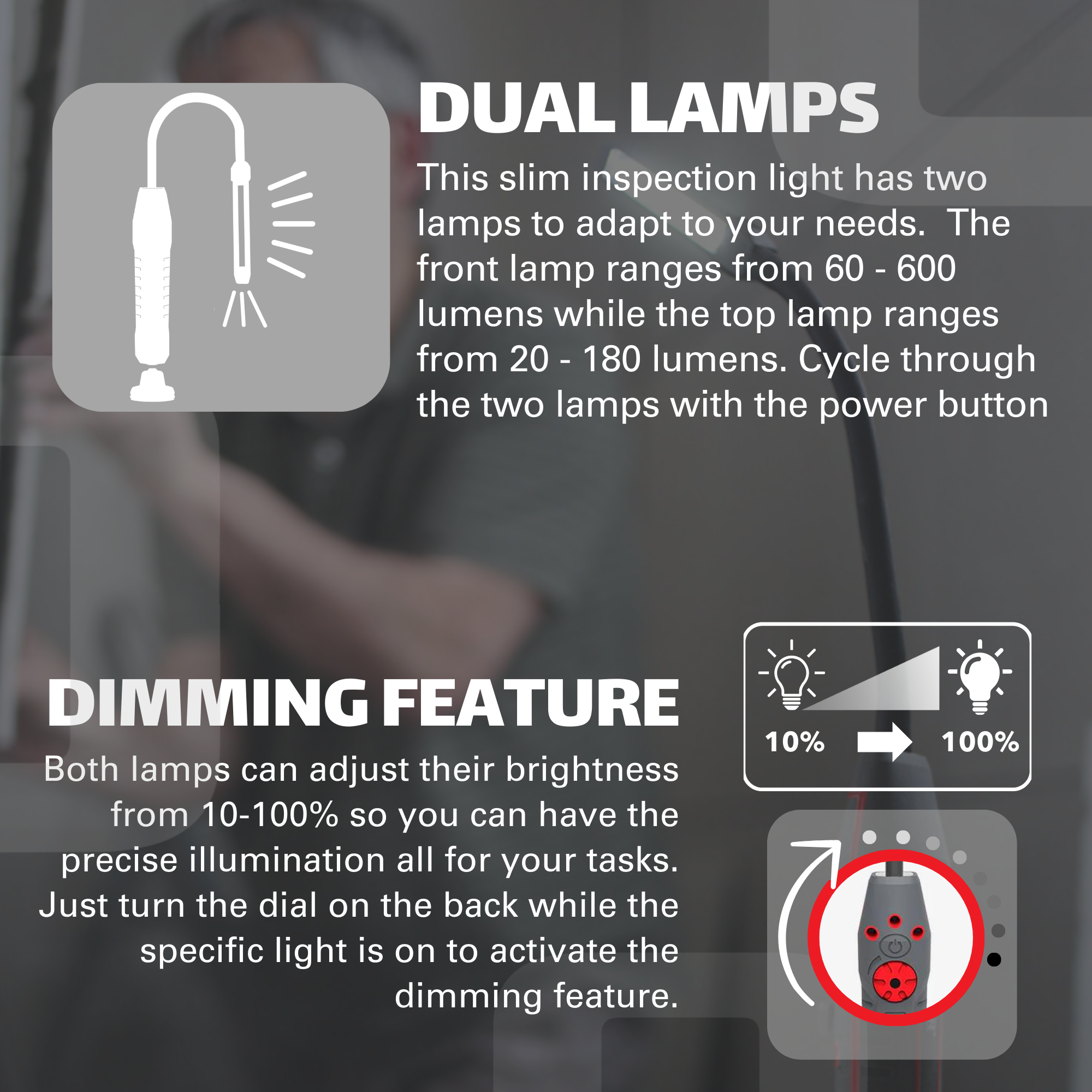 600 Lumen Dual-Lamp LED Rechargeable Slim Light with Stepless Dimming, Flexible Neck, and Magnetic-Pivoting Base