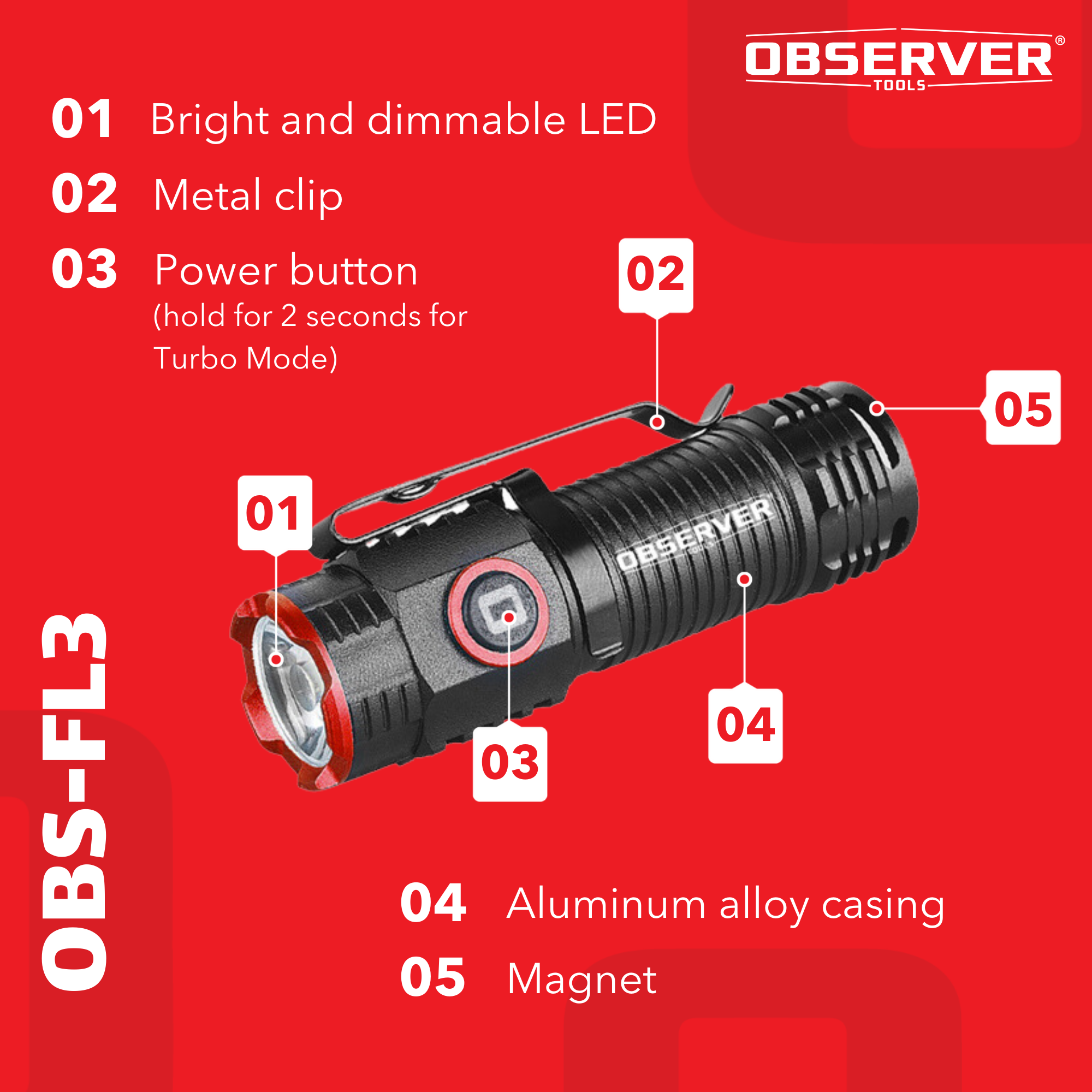 Observer Tools OBS-FL3 1000 Lumen LED Rechargeable Mini-Flashlight with Turbo Mode and Magnet