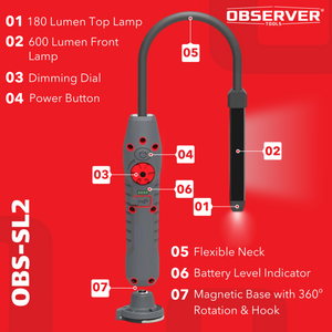 Observer Tools OBS-SL2 600 Lumen Dual-Lamp LED Rechargeable Slim Light with Stepless Dimming, Flexible Neck, and Magnetic-Pivoting Base