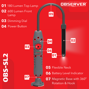 600 Lumen Dual-Lamp LED Rechargeable Slim Light with Stepless Dimming, Flexible Neck, and Magnetic-Pivoting Base