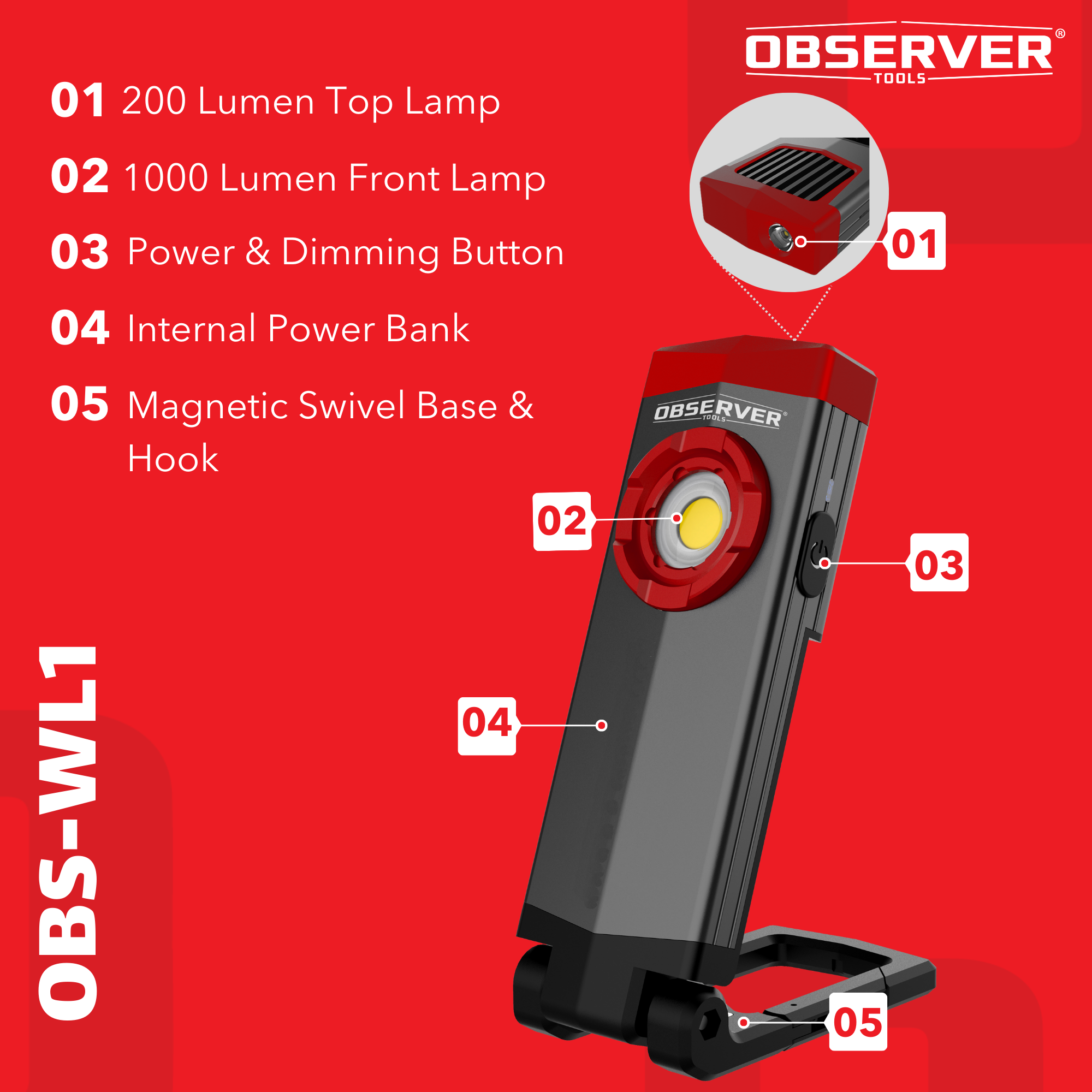 Observer Tools OBS-WL1 1000 Lumen Dual-Lamp LED Rechargeable Work Light with Phone Charger, Hands-Free Mounting, and Dimming