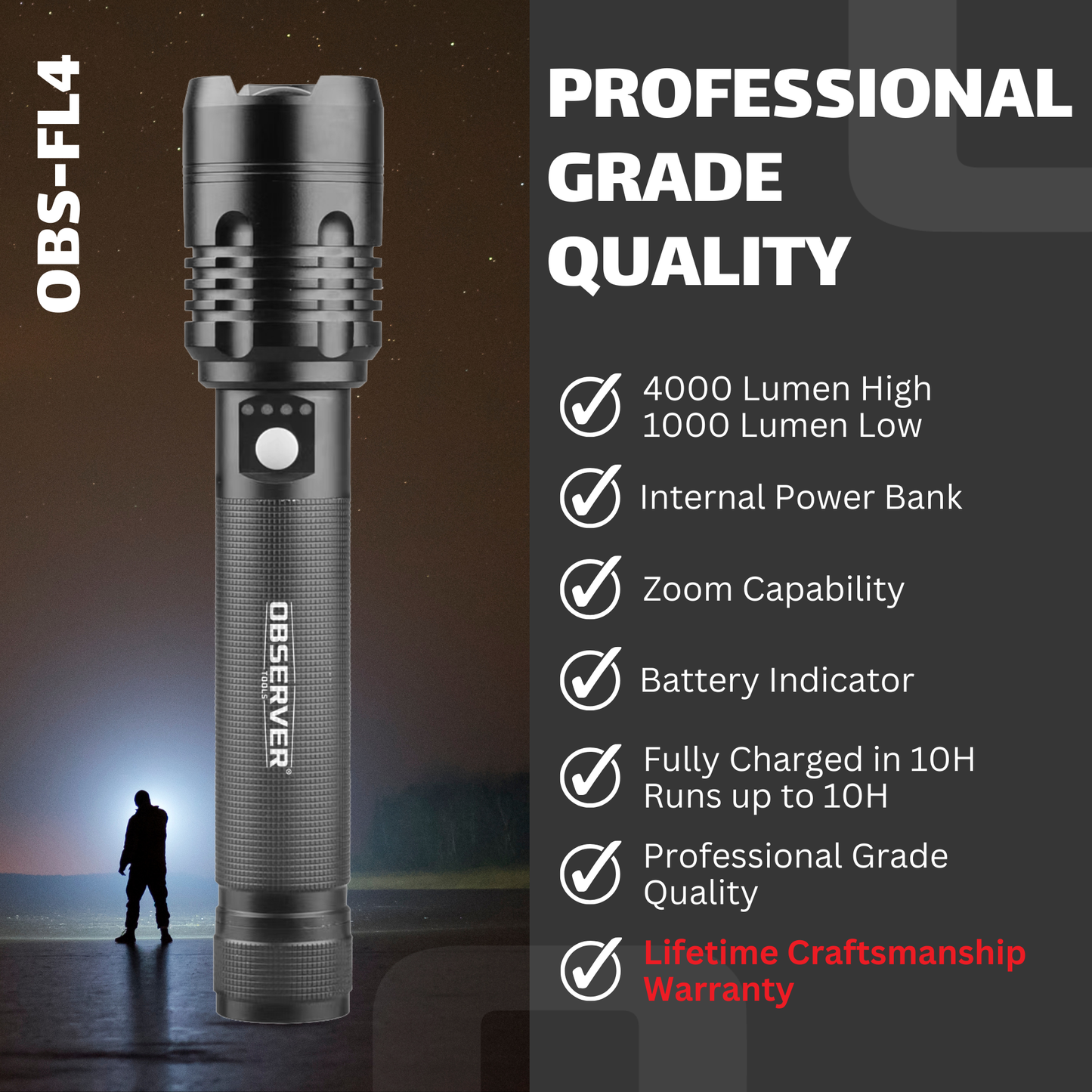 4000 Lumen High Power LED Rechargeable Flashlight with Phone Charger and Zoom
