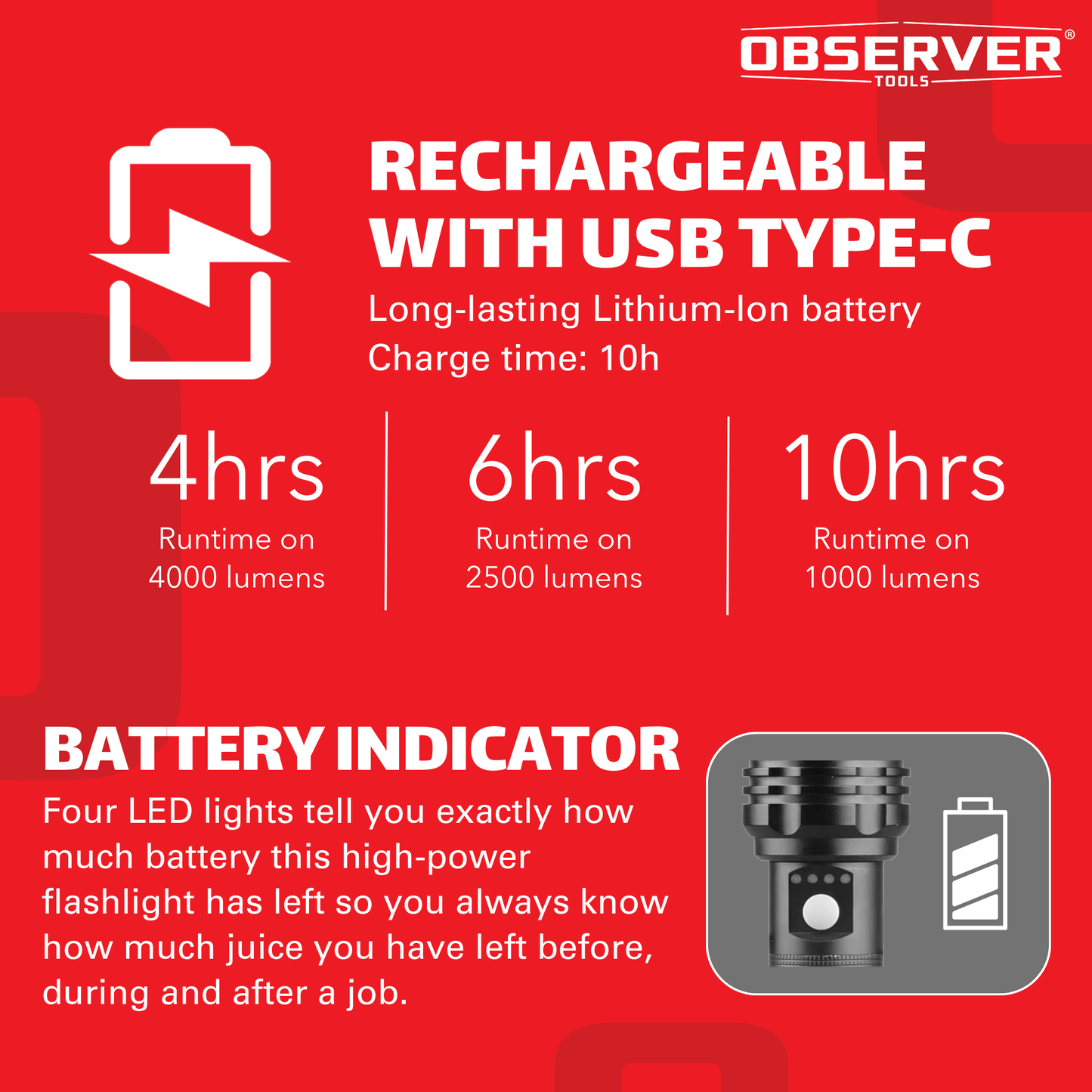 4000 Lumen High Power LED Rechargeable Flashlight with Phone Charger and Zoom