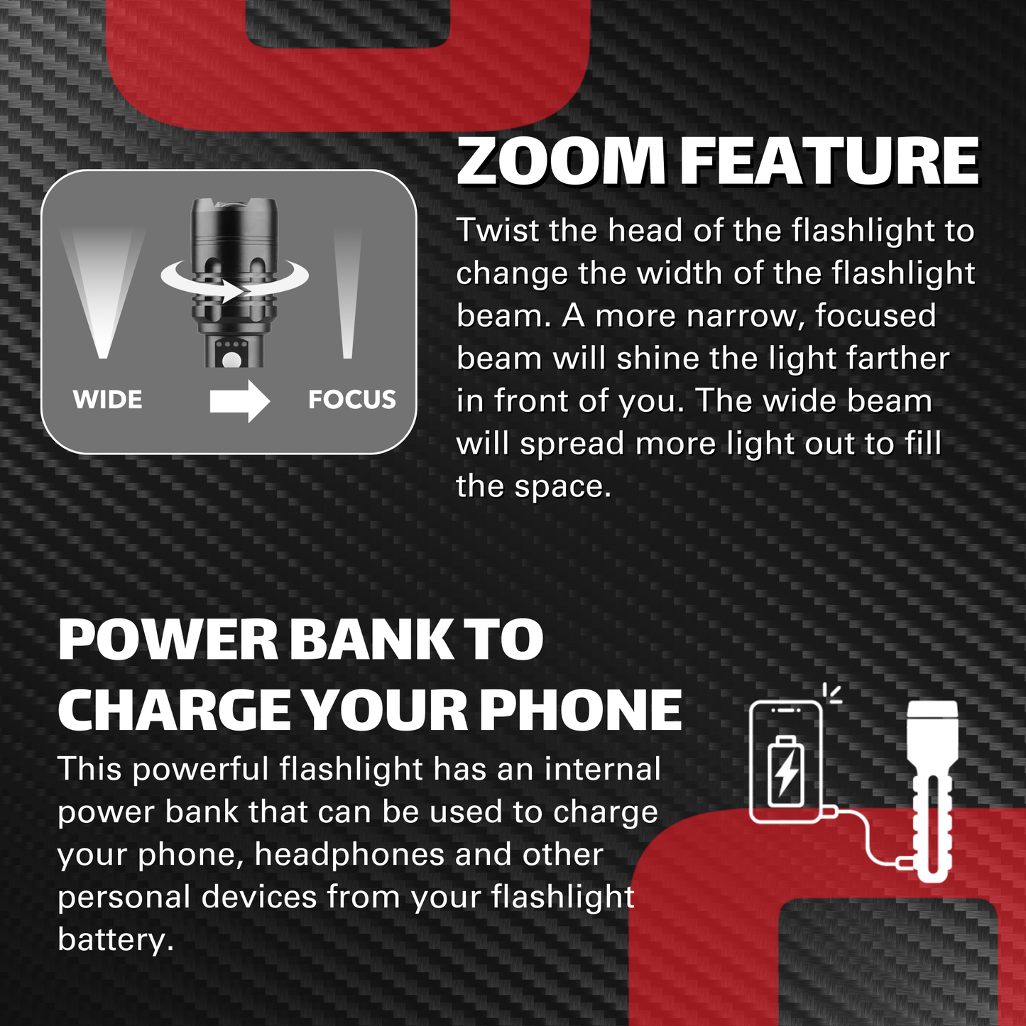 4000 Lumen High Power LED Rechargeable Flashlight with Phone Charger and Zoom