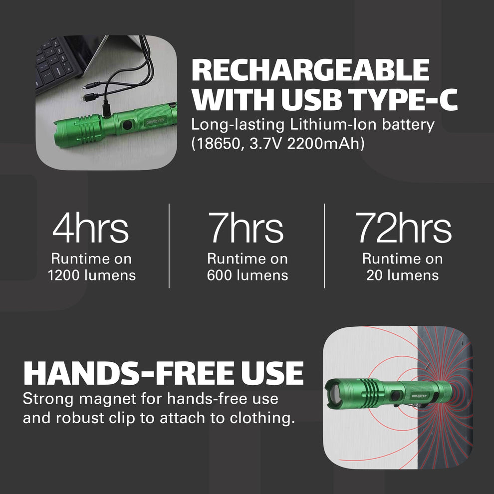 1200 Lumen Tactical LED Rechargeable Flashlight - Observer Tools