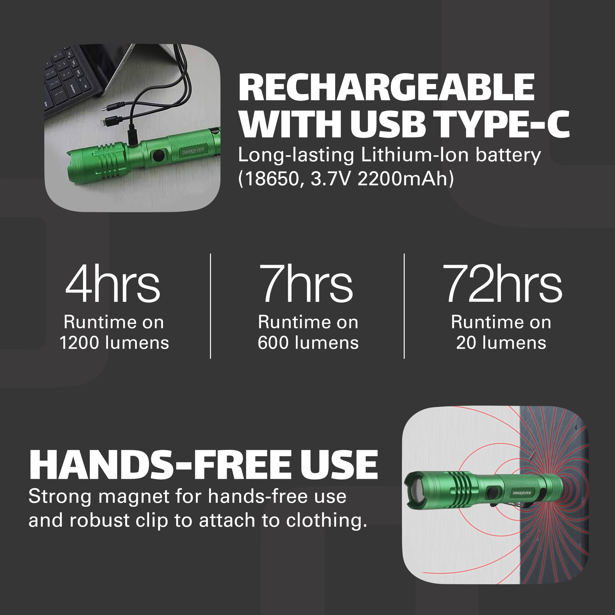 OBS-FL1 1200 Lumen Tactical LED Rechargeable Flashlight with Power Bank & Dual Power