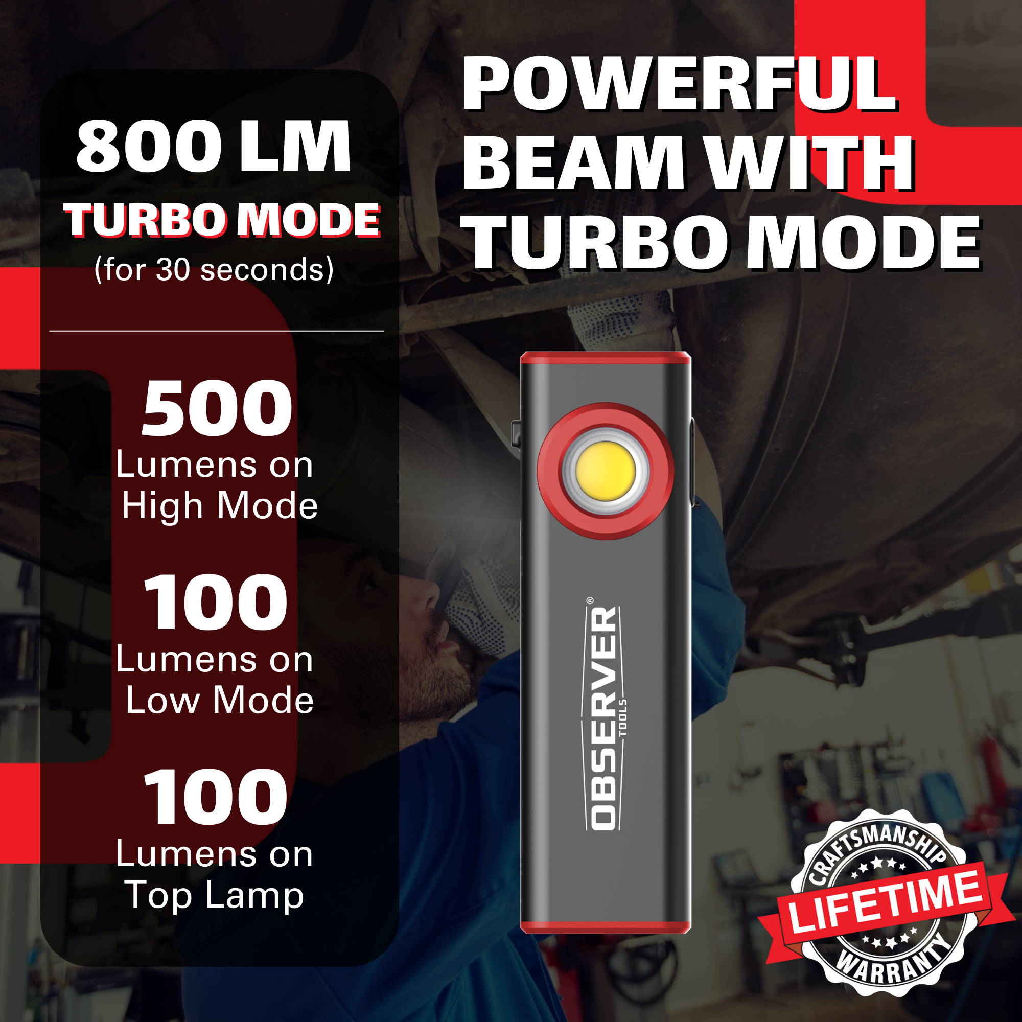 Observer Tools OBS-WL3 800 Lumen LED Rechargeable Mini-Work Light with Dual Lamps