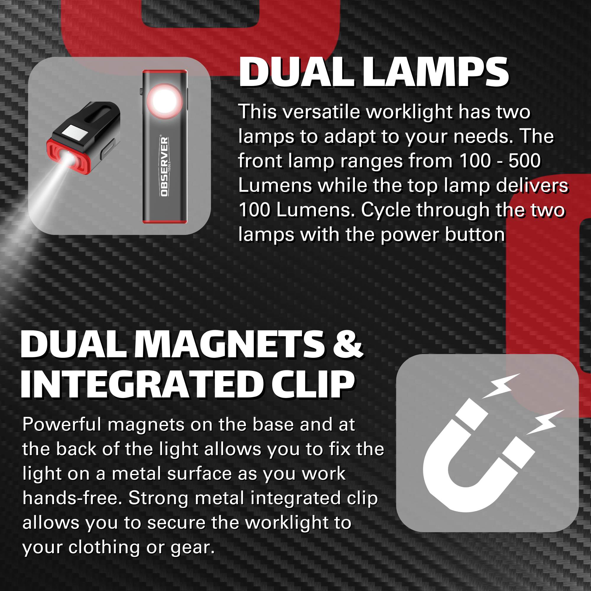 Observer Tools OBS-WL3 800 Lumen LED Rechargeable Mini-Work Light with Dual Lamps