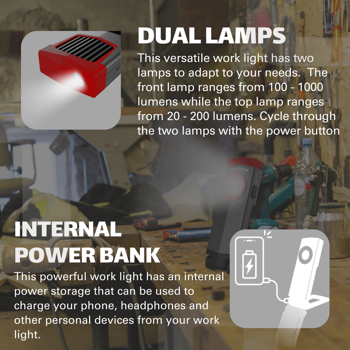 1000 Lumen Dual-Lamp LED Rechargeable Work Light with Phone Charger, Hands-Free Mounting, and Dimming
