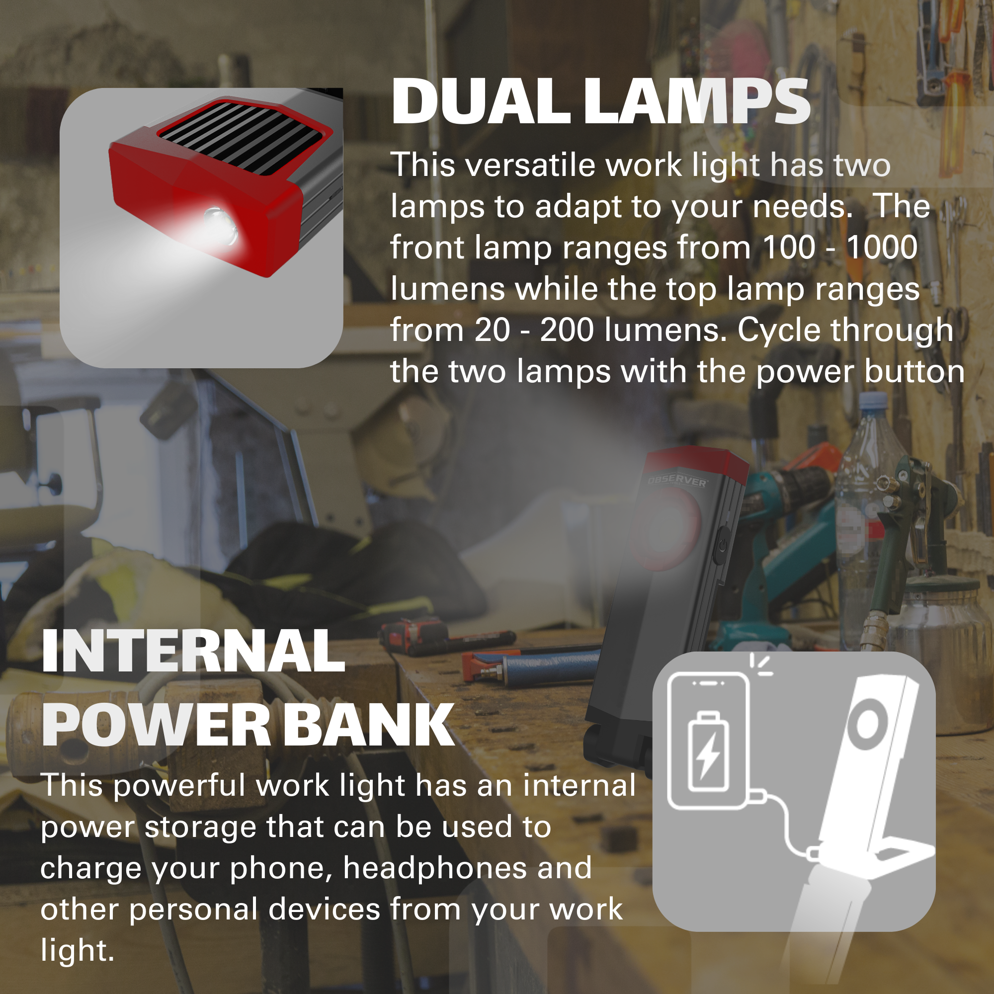 Observer Tools OBS-WL1 1000 Lumen Dual-Lamp LED Rechargeable Work Light with Phone Charger, Hands-Free Mounting, and Dimming