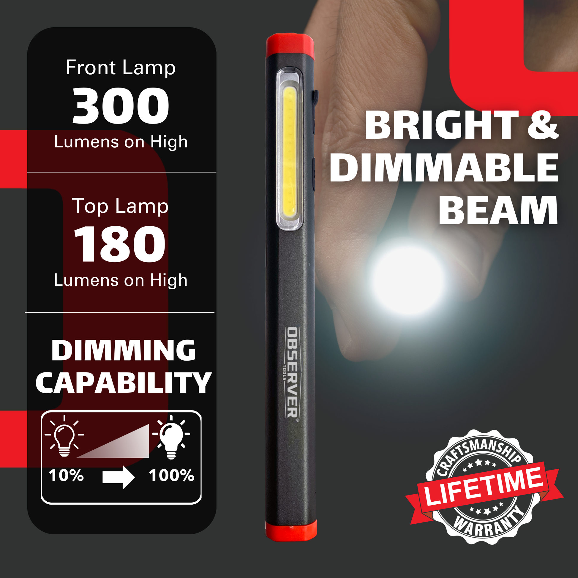 300 Lumen Dual-Lamp LED Rechargeable Penlight with Dimming and