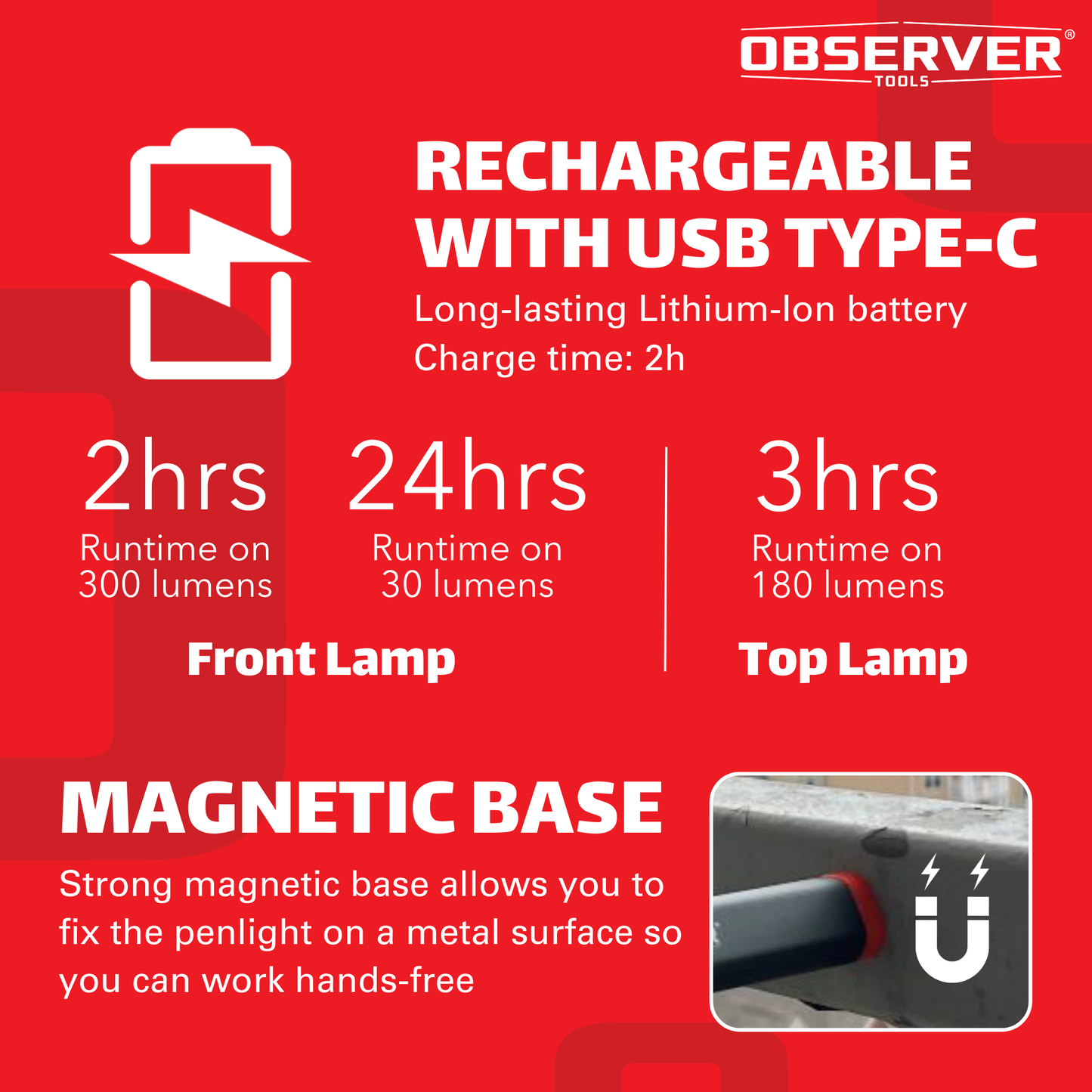 300 Lumen Dual-Lamp LED Rechargeable Penlight with Dimming and Magnetic Base