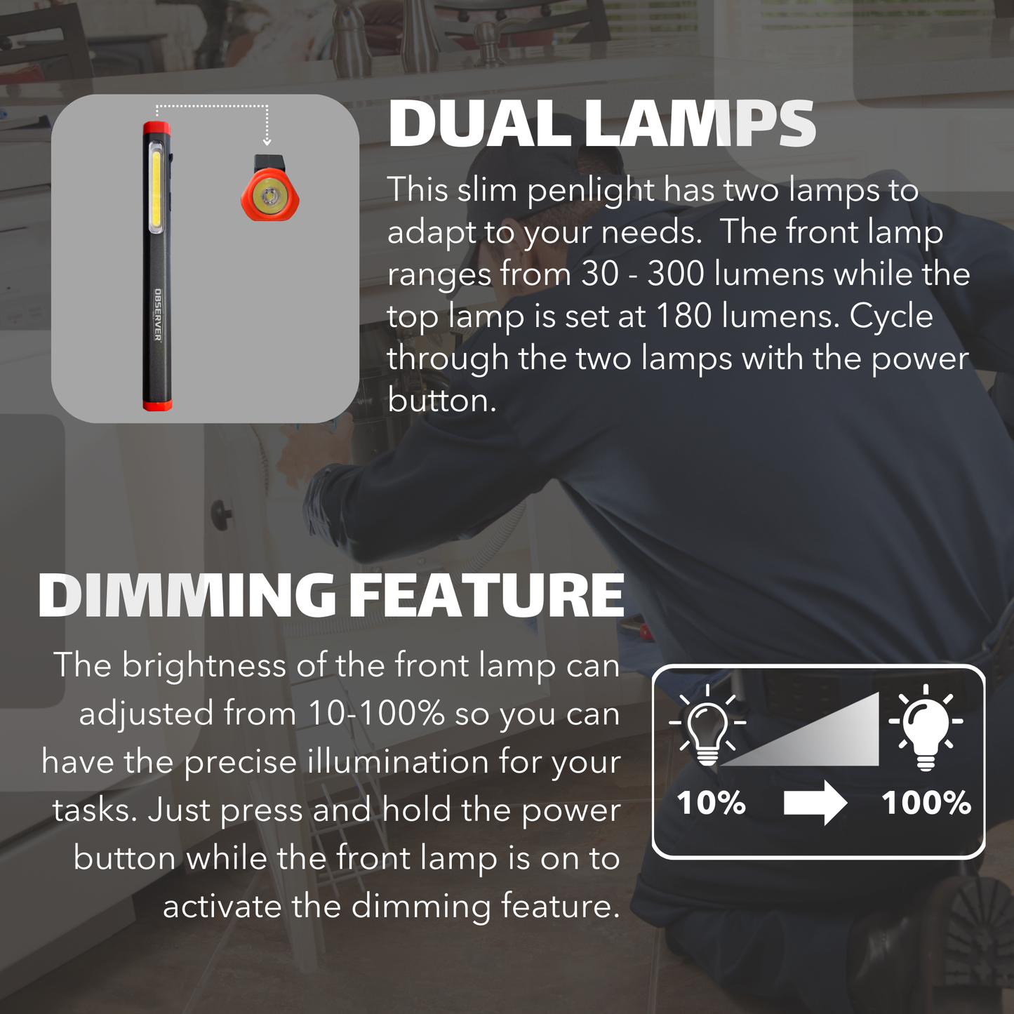 300 Lumen Dual-Lamp LED Rechargeable Penlight with Dimming and Magnetic Base