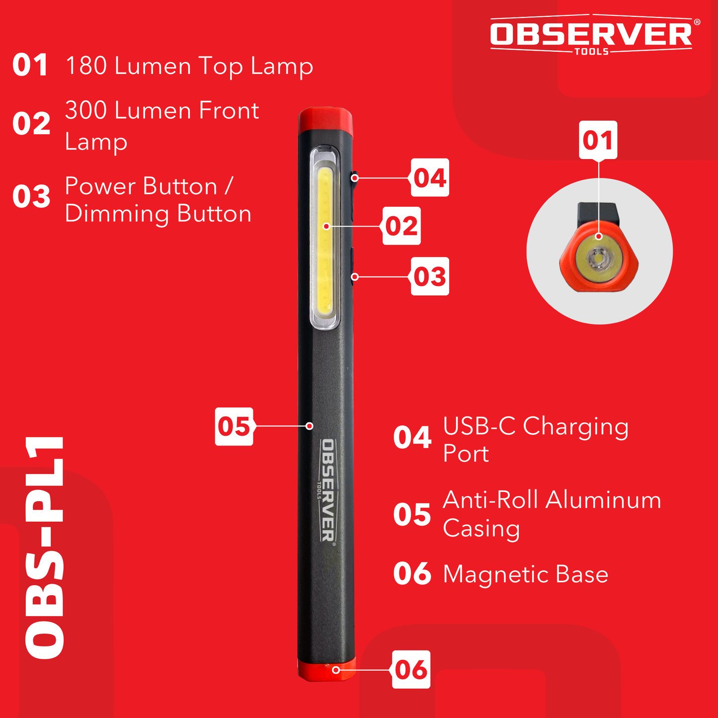300 Lumen Dual-Lamp LED Rechargeable Penlight with Dimming and Magnetic Base