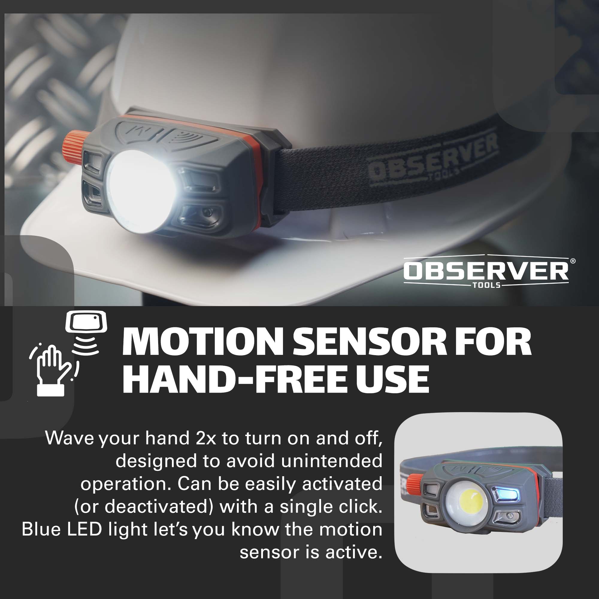 Observer Tools 350 Lumen LED Rechargeable Headlamp with Variable Intensity Dial & Motion Sensor