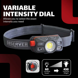 450 Lumen LED Rechargeable Headlamp with Variable Intensity Dial & Motion Sensor