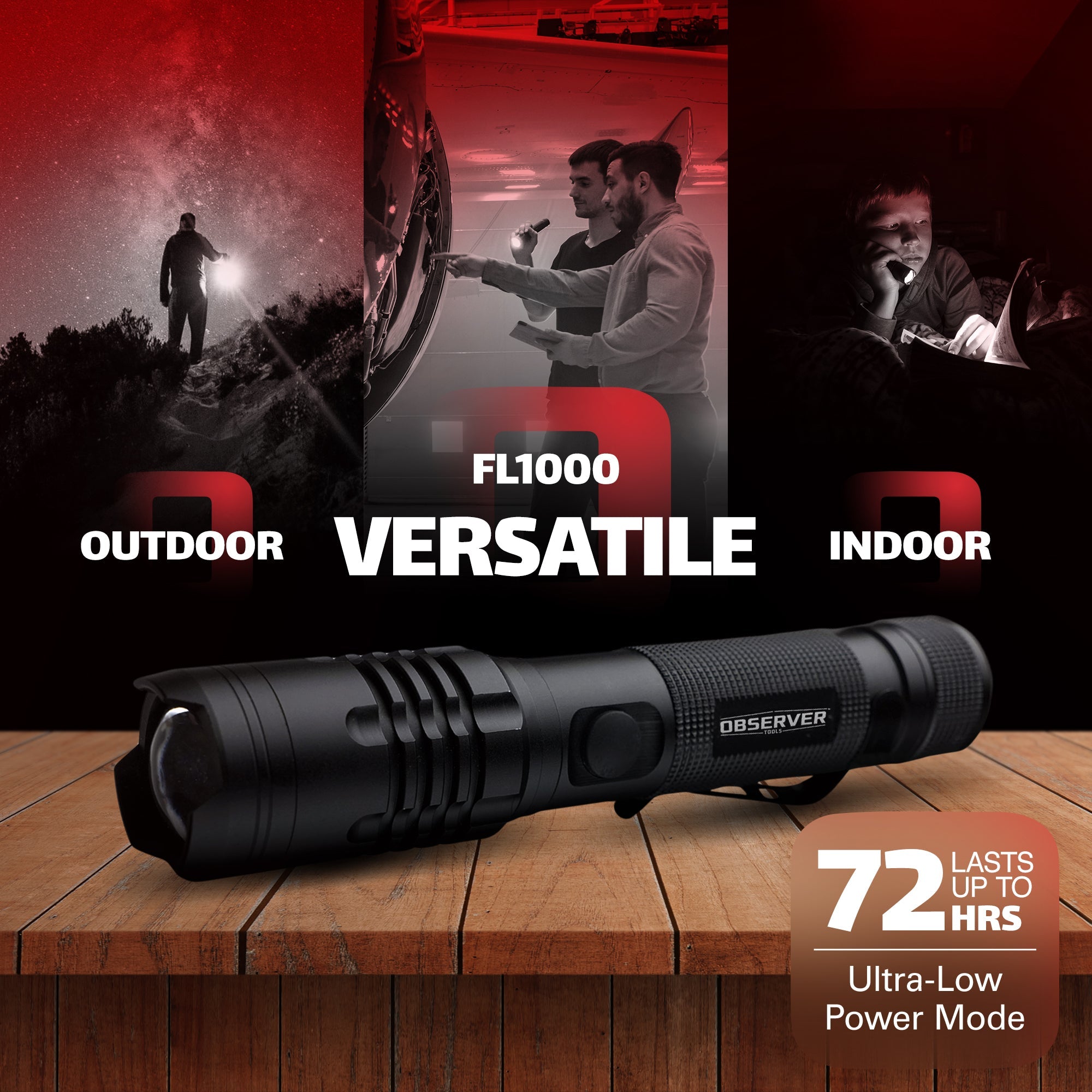 1000 Lumen Tactical LED Rechargeable Flashlight with Power Bank & Dual Power - Observer Tools
