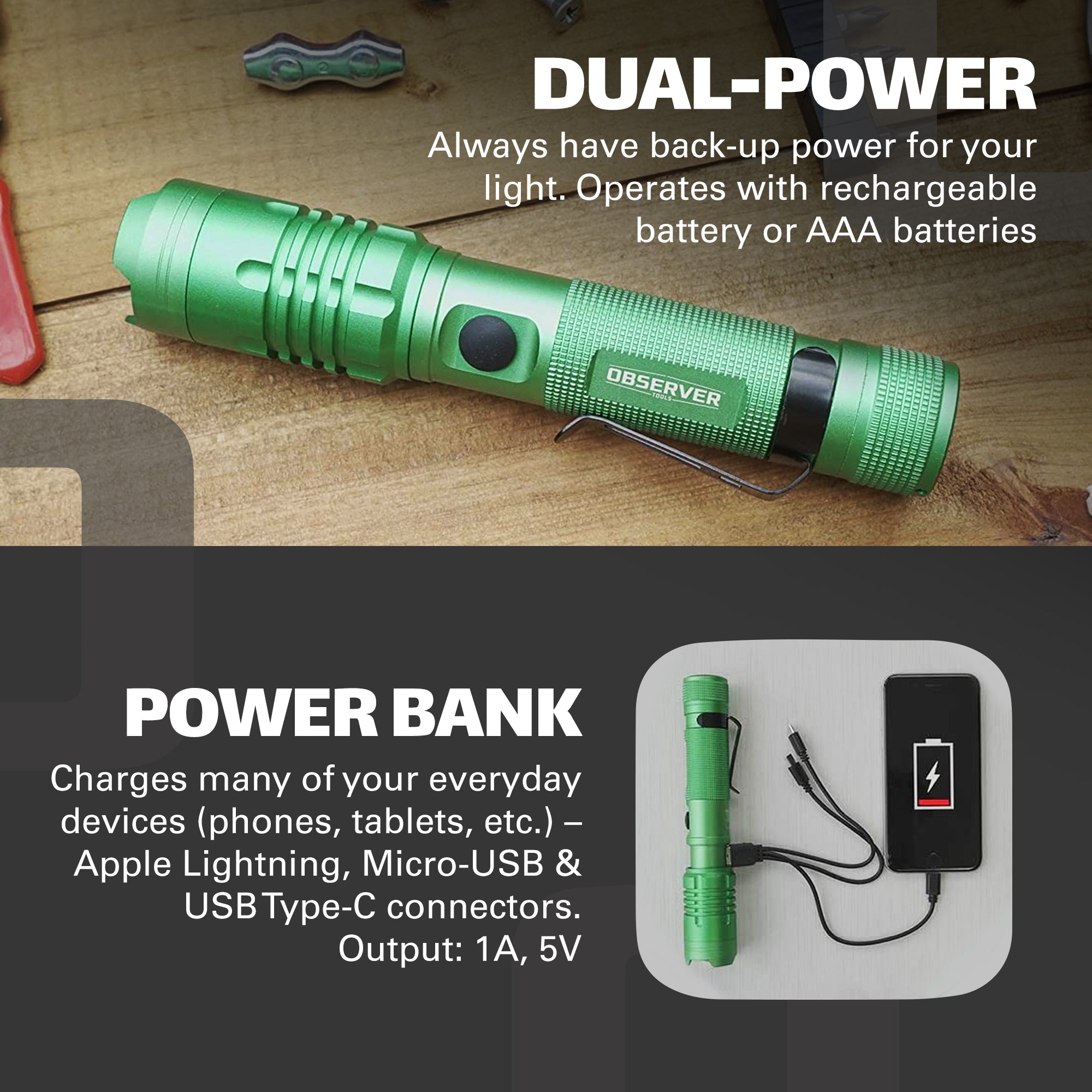 1000 Lumen Tactical LED Rechargeable Flashlight with Power Bank & Dual Power - Observer Tools