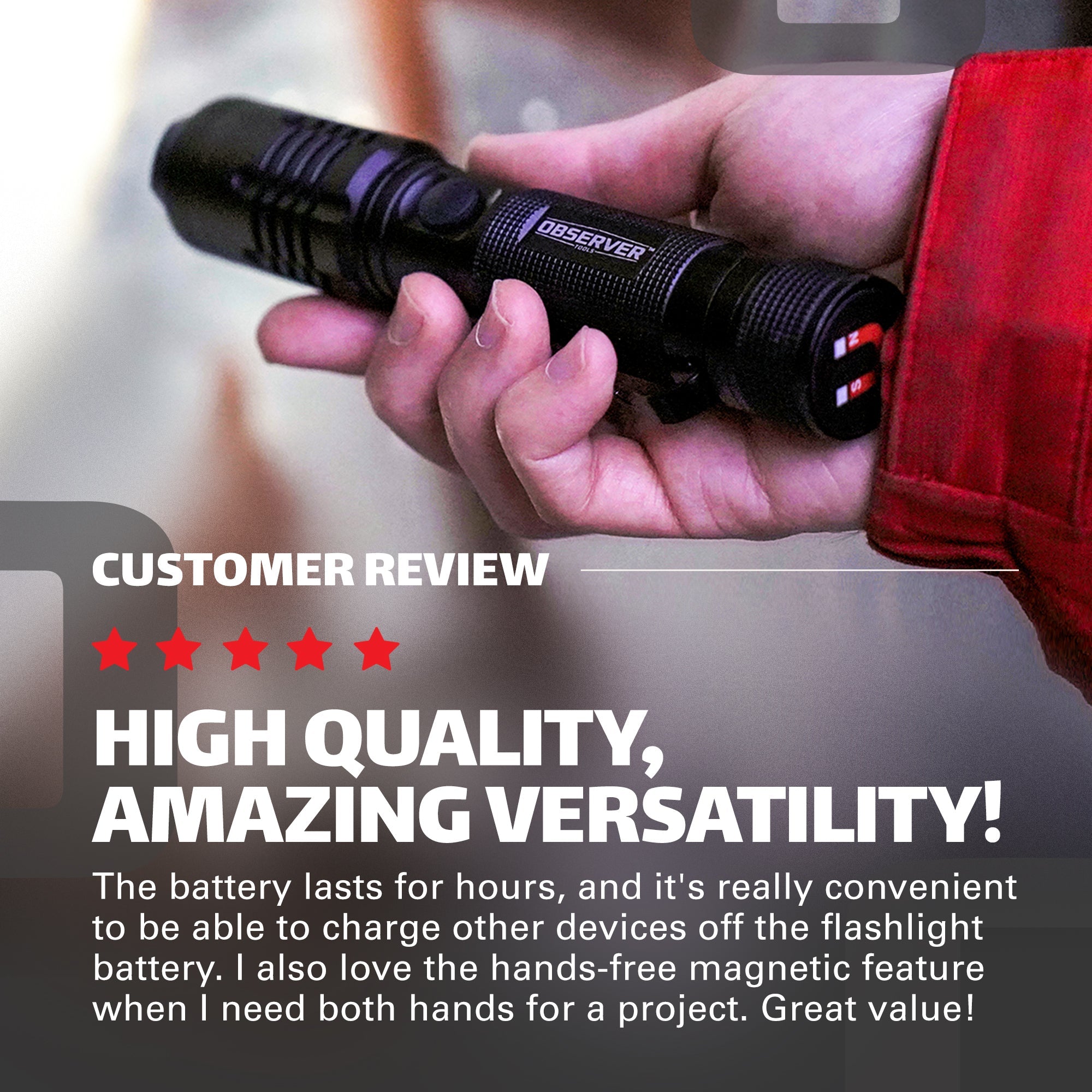 1000 Lumen Tactical LED Rechargeable Flashlight with Power Bank & Dual Power - Observer Tools