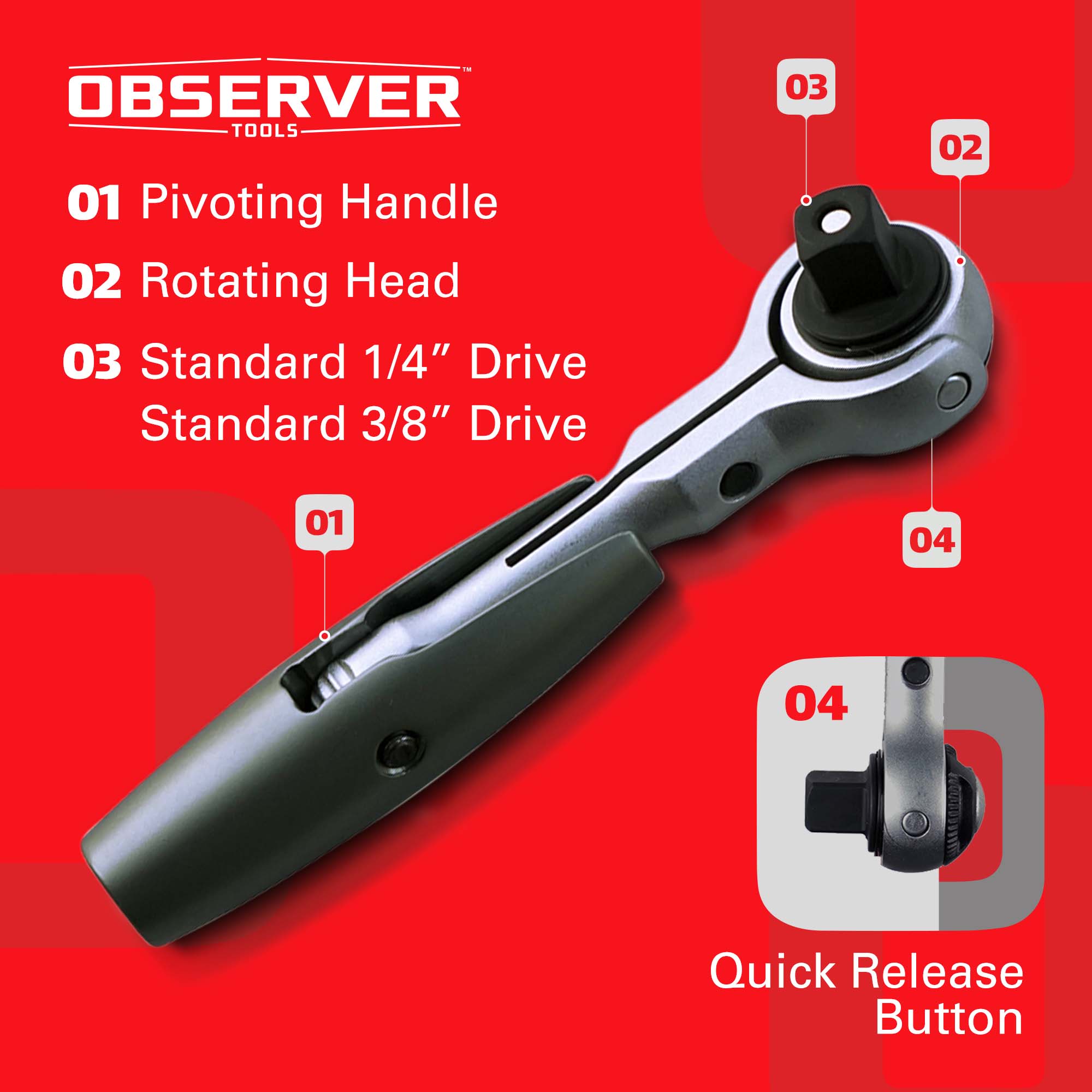 Dual-Flex Ratchet, 72-Teeth, Pivoting Handle, Rotating Head, Quick