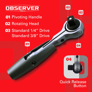 Dual-Flex Ratchet, 72-Teeth, Pivoting Handle, Rotating Head, Quick Release, Reversible - Observer Tools