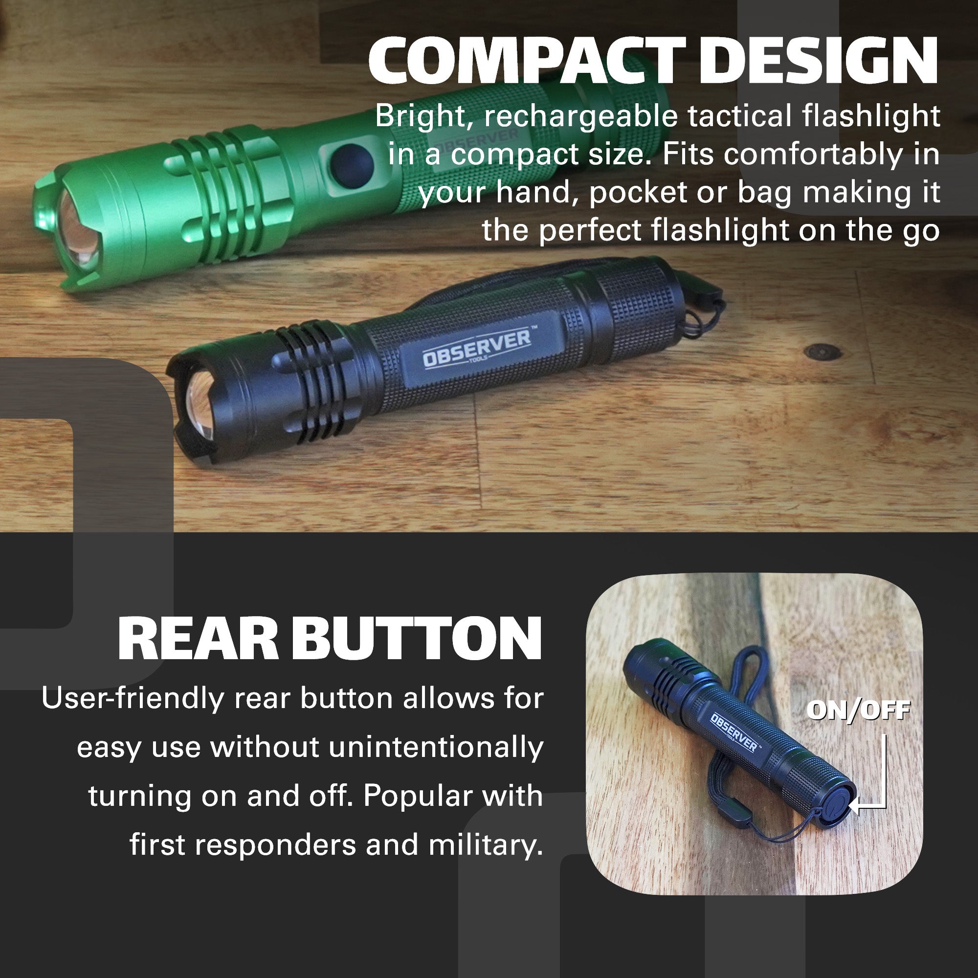 1000 Lumen Pocket LED Rechargeable Flashlight, Zoom, Rear Power Button, Waterproof